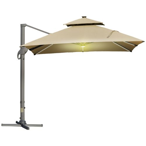 Parasol D?Port? Led Carr? Double Toit Inclinable Pivotant 360? Manivelle Pi?Tement Acier Dim. 3l X 3l X 2,66h M Beige