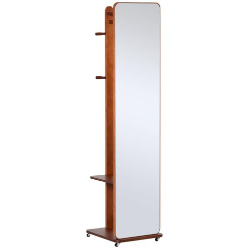 Miroir sur pied avec roulettes - portant, 4 patères étagère MDF aspect noyer