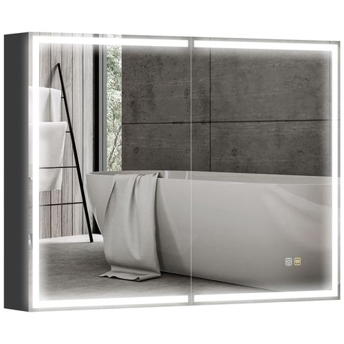 Armoire murale salle de bain 2 portes miroir lumineux LED intégré 60 x 80 cm 2 étagères verre alu noir