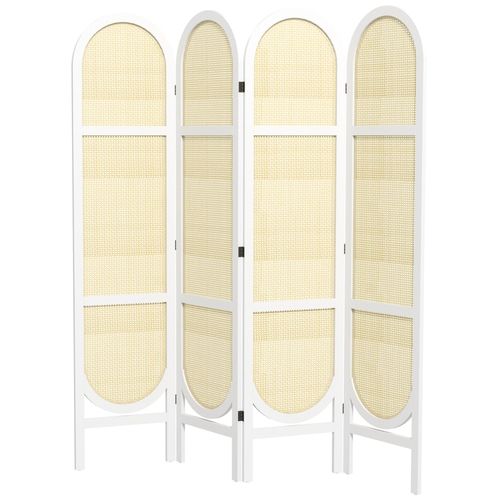 Paravent interieur pliable 4 panneaux 160 x 170 cm séparateur de pièce résine tressée effet rotin bois blanc