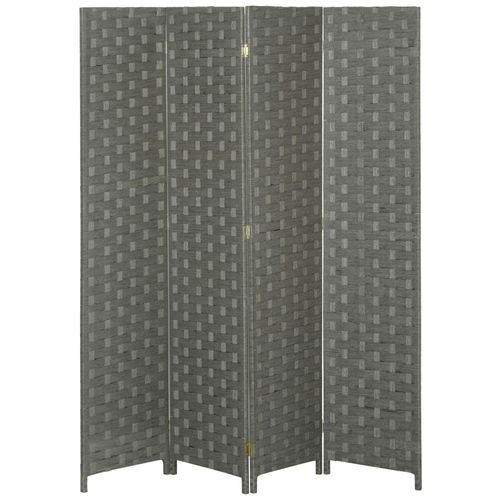 Paravent intérieur 4 panneaux pliables séparateur de pièce bois de pin fibres de papier tressé gris