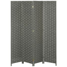 Paravent intérieur 4 panneaux pliables séparateur de pièce bois de pin fibres de papier tressé gris