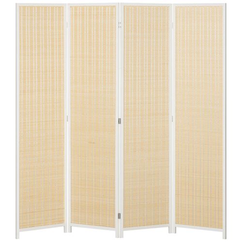 Paravent intérieur séparateur de pièce pliable 4 panneaux dim. 180L x 180H cm bois pin bambou coton blanc