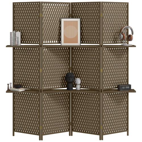 Paravent intérieur 4 panneaux 2 étagères pliables séparateur de pièce bois de pin bambou fibres de papier tressée marron paille