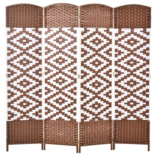 Paravent intérieur 4 panneaux pliables bois tressé osier marron blanc