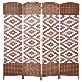 Paravent intérieur 4 panneaux pliables bois tressé osier marron blanc