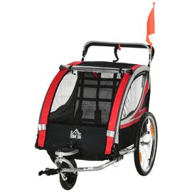 Remorque Vélo Jogger 2 En 1 Pour Enfant Drapeau Roue Avant Pivotante Réflecteurs Et Barre D¿Attelage Inclus Rouge Noir