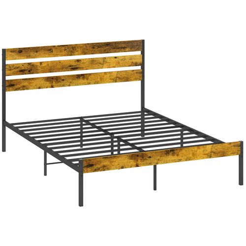 Lit Double Design Industriel - Tête De Lit, Pied De Lit, Sommier - Compatible Matelas 200l X 160l Cm - Acier Noir Aspect Bois Vieilli