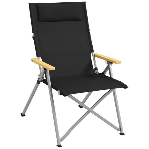 Chaise De Camping Pliable Portable Inclinable Pochette Rangement Tétière Alu Accoudoirs Bois Noir