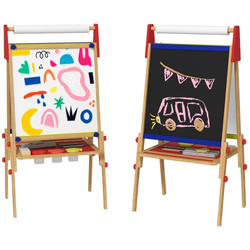 Tableau Chevalet Enfant Double Face Blanc Noir Avec Rouleau De Papier - Hauteur Réglable, Accessoires Peinture - Bois Pin