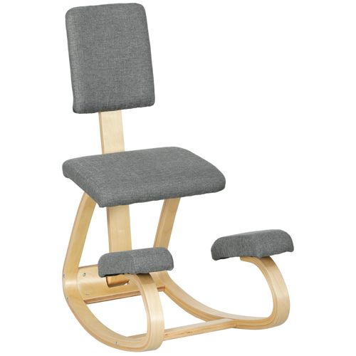 Siège Ergonomique - Siège Assis-Genoux - Chaise Assis Genoux Avec Dossier - Bois Bouleau Tissu Gris