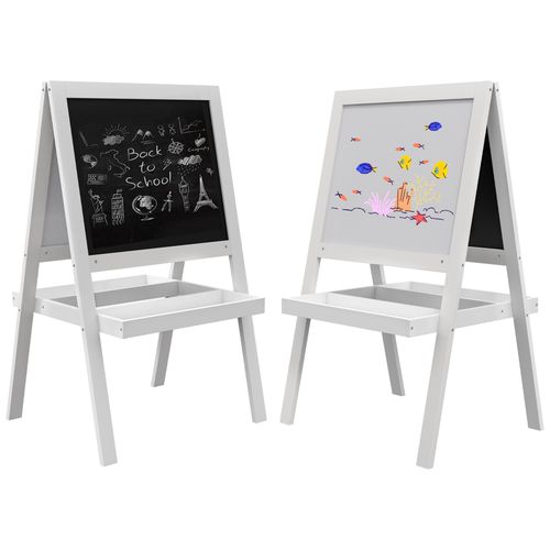 Tableau Enfant Double Face - Chevalet Enfant - Tableau Blanc Magnétique, Tableau Noir À Craie - 2 Paniers Rangements - Mdf Blanc