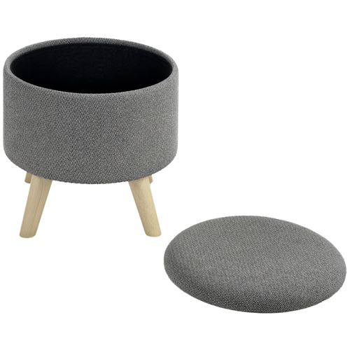 Pouf Repose-Pied Tabouret Avec Coffre De Rangement - Pieds Bois Tissu Aspect Lin Gris