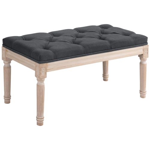 Tabouret Repose-Pied Capitonné Style Classique - Bois D'hévéa Sculpté, Patiné - Revêtement Aspect Lin Gris