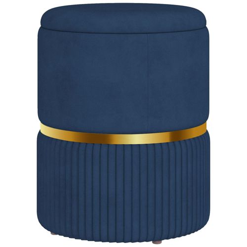 Pouf Coffre Intégré Design Velours Côtelé Acier Brossé Doré Bleu