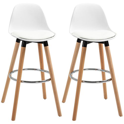 Tabourets De Bar Style Scandinave - Lot De 2 Tabourets De Bar Avec Repose-Pieds - Piètement Bois De Hêtre Assise Pu Blanc