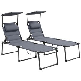 Lot De 2 Bains De Soleil Transats Pliables Réglables Avec Pare-Soleil Gris