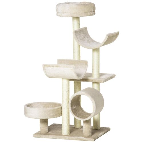 Arbre À Chats Multi-Équipements Griffoirs Grattoirs Plates-Formes + Tunnel + Jouet Suspendu Dim. 50l X 40l X 105h Cm Beige