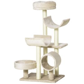 Arbre À Chats Multi-Équipements Griffoirs Grattoirs Plates-Formes + Tunnel + Jouet Suspendu Dim. 50l X 40l X 105h Cm Beige