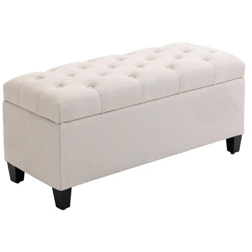 Banquette Coffre De Rangement Style Chesterfield Dim. 100 X 40 X 44 Cm Piètement Bois Noir Tissu Beige Clair