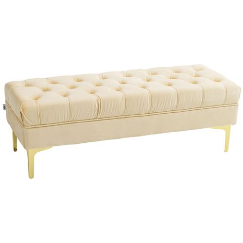 Banc Banquette Capitonnée Style Classique Chic Dim. 118l X 45l X 42h Cm Piètement Métal Doré Velours Beige