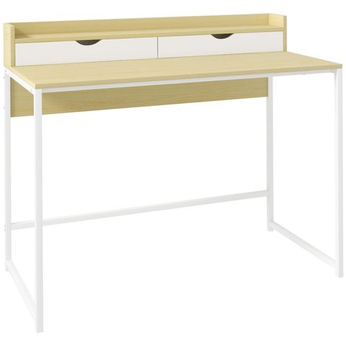 Bureau Secrétaire Style Contemporain - 2 Tiroirs, Étagère - Acier Blanc Aspect Bois Clair