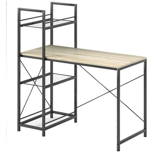 Bureau Informatique Style Industriel - 3 Étagères Maillage Métallique - Acier Noir Effet Bois Clair