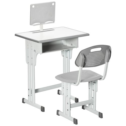 Bureau Enfant Avec Chaise - Ensemble Bureau Et Chaise Réglable - Support De Lecture, Case - Gris Blanc