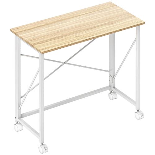 Bureau Pliable À Roulettes Dim. 80x40cm Acier Blanc Effet Chêne Clair