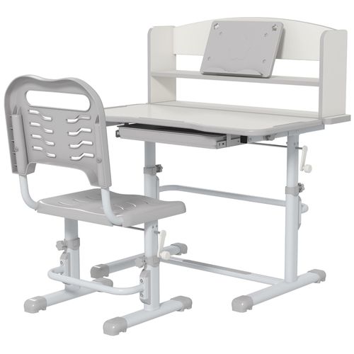 Bureau Enfant Avec Chaise - Ensemble Bureau Et Chaise Réglable - Support Lecture, Tablette, Étagère - Gris Blanc