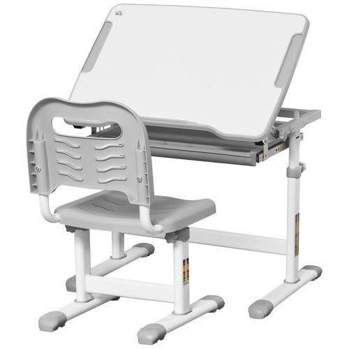 Ensemble Bureau Chaise Enfant Réglable - Plateau Inclinable, Tiroir Coulissant - Acier Pp Gris Blanc