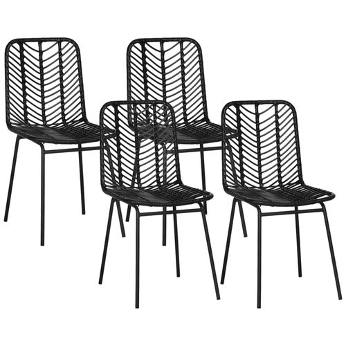 Lot De 4 Chaises De Salon Style Colonial Piètement Acier Résine Tressée Aspect Rotin Noir