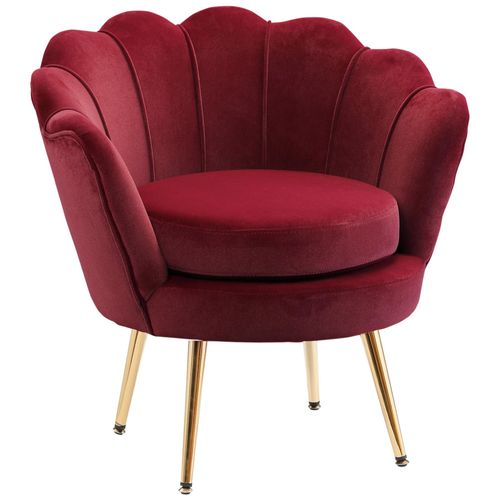 Fauteuil Design Coquillage Pieds Métal Doré Velours Bordeaux