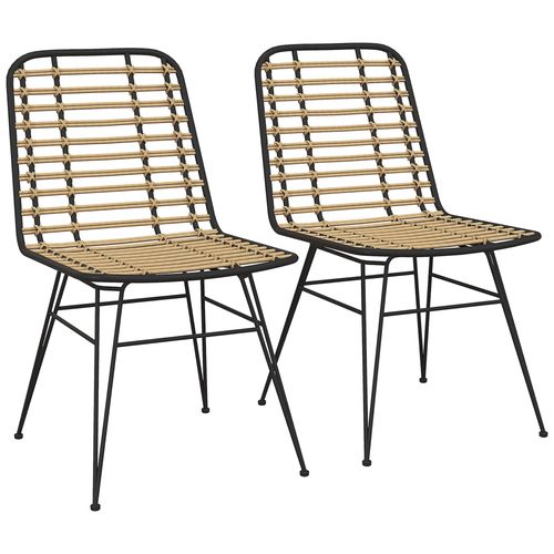 Lot De 2 Chaises Salle À Manger Style Bohème Piètement Épingle Acier Noir Résine Tressée Aspect Rotin