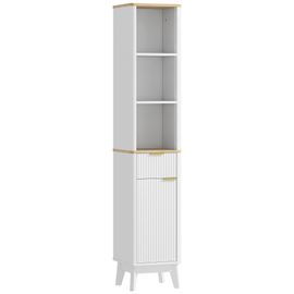Colonne De Salle De Bain Design Effet Cannelé - Porte, Étagère, Tiroir, 3 Niches - Blanc Effet Bois