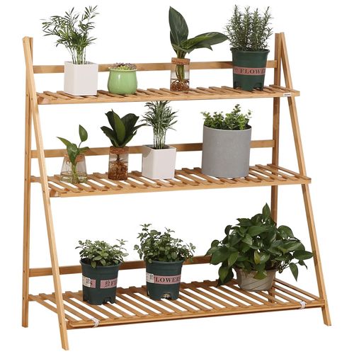 Étagère Échelle À Fleurs En Bois De Bambou - Porte Plantes Pliable Bois 3 Étagères À Lattes