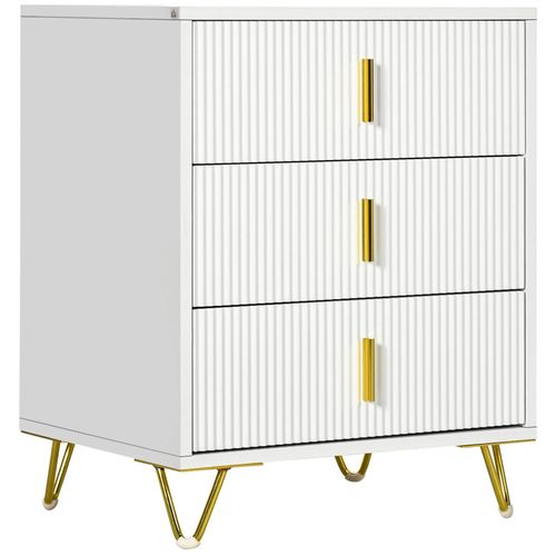 Chiffonnier 3 Tiroirs Style Art Déco Effet Cannelé Métal Doré Blanc