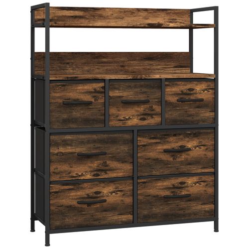 Commode Style Industriel - 7 Tiroirs, 2 Étagères - Acier Noir Mdf Non Tissé Effet Bois Vieilli