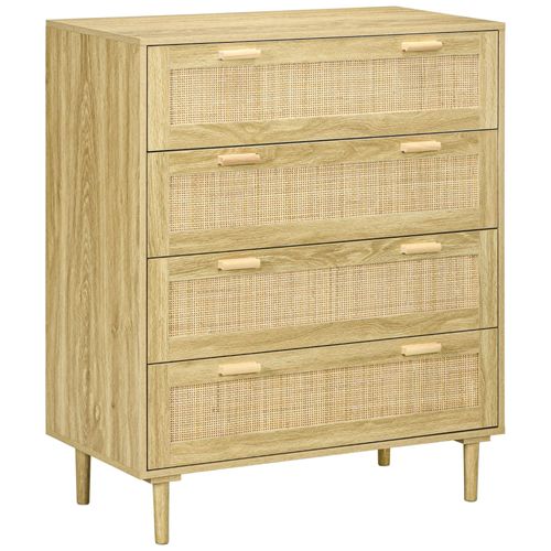 Commode 4 Tiroirs Style Bohème Chic - Dim. 90l X 45l X 108,5h Cm - Façades Tiroirs Cannage Rotin Aspect Chêne Clair