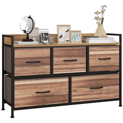 Commode 5 Tiroirs Et Étagère - Dim. 98l X 29l X 63h Cm - Châssis Piètement Métal Noir Tiroirs Non Tissés Façades Aspect Bois