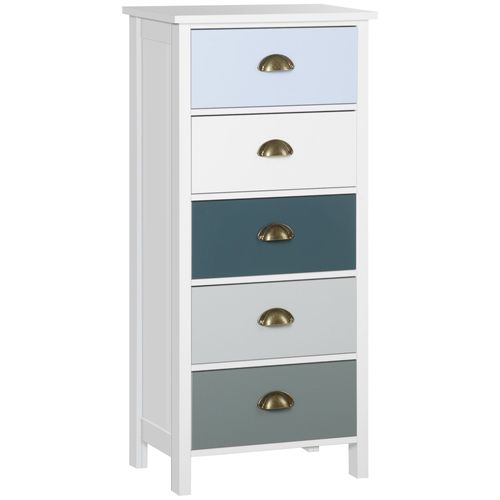 Chiffonnier Néo-Rétro 5 Tiroirs Poignées Coquilles Blanc Bleu Gris