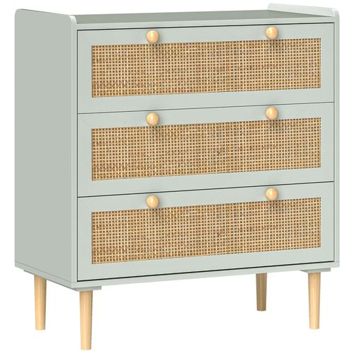 Commode 3 Tiroirs Style Bohème Chic Cannage En Rotin Piètement Effet Bois Vert De Gris