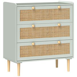 Commode 3 Tiroirs Style Bohème Chic Cannage En Rotin Piètement Effet Bois Vert De Gris