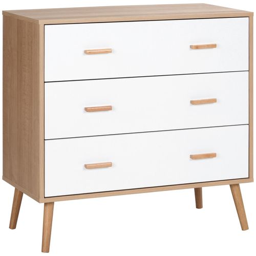 Commode Design Scandinave Sur Pieds 3 Tiroirs Coulissants Pieds Effilés Inclinés Panneaux Particules Blanc Aspect Bois Clair