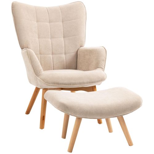 Fauteuil À Oreilles Et Son Repose-Pieds Piètement Bois Velours Côtelé Dossier Effet Capitonné Beige