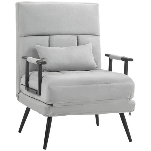 Fauteuil Chauffeuse Canapé-Lit Convertible 1 Place Coussin Pieds Accoudoirs Métal Noir Velours Gris Clair