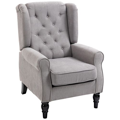 Fauteuil À Oreilles Style Chesterfield Dossier Capitonné Grand Confort Bois Noir Tissu Gris Clair