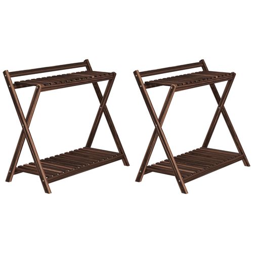 Lot De 2 Supports Étagères À Fleurs En Bois - 2 Niveaux - Sapin Traité Carbonisation