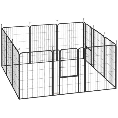 Parc Enclos Chien Modulable Pliable 12 Panneaux Porte Verrouillable Acier Époxy Noir