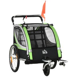 Remorque Vélo Jogger 2 En 1 Pour Enfant Drapeau Roue Avant Pivotante Réflecteurs Et Barre D¿Attelage Inclus Vert Noir